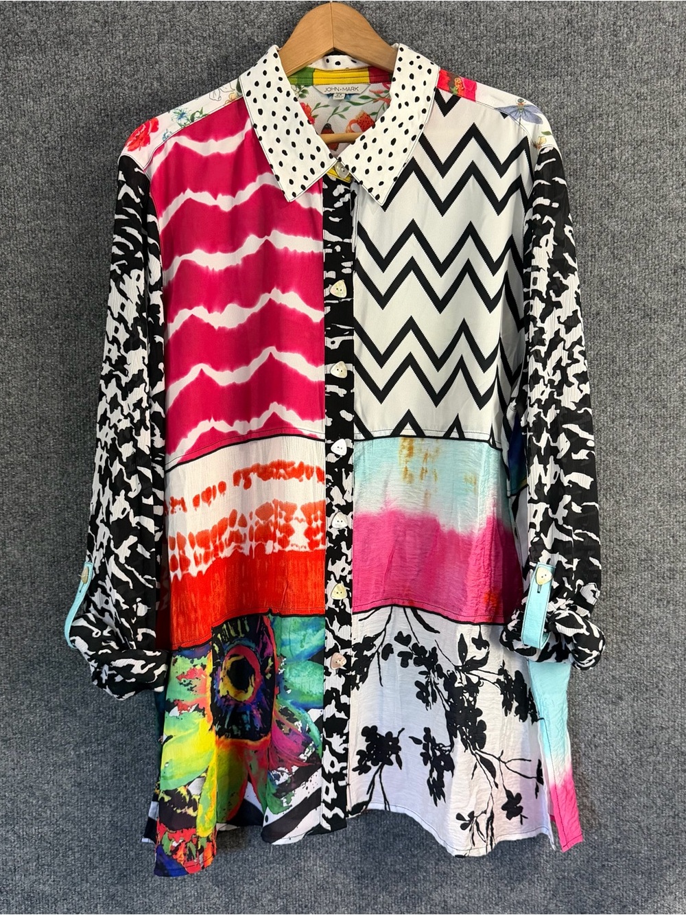 John Mark Womens 2X Patchwork Button Front Tunic Top Roll Tab Sleeve Artsy Shirt